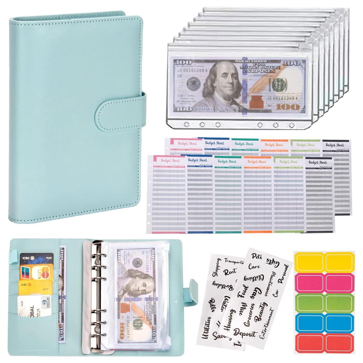 A6 Budget Binder Set, 1 Count Budget Planner with 2 Counts Personality Stickers & 12pcs Budget Sheets & 8 Counts Binder Pockets & 10pcs Multi-colored Labels, Stationery Supplies for Home School Office Dormitory