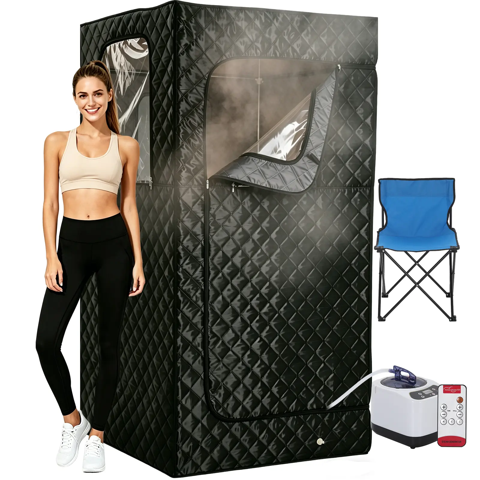 Portable Home Steam Sauna Tent, 3L 1200W Steam Generator with Collapsible Chair, Remote Control, 9 Heat Levels & 99-Min Timer, 35x35x71in Black Indoor Personal Wellness Spa