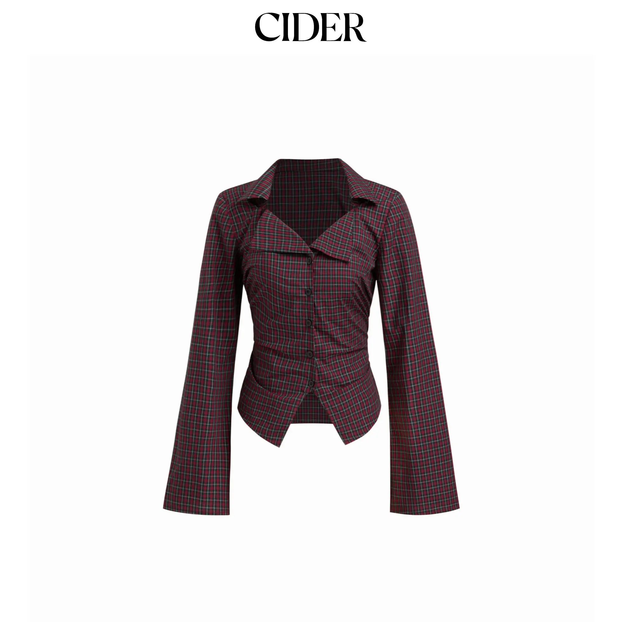 Cider Collar Tartan Ruched Bell Sleeve Shirt SummerFinds