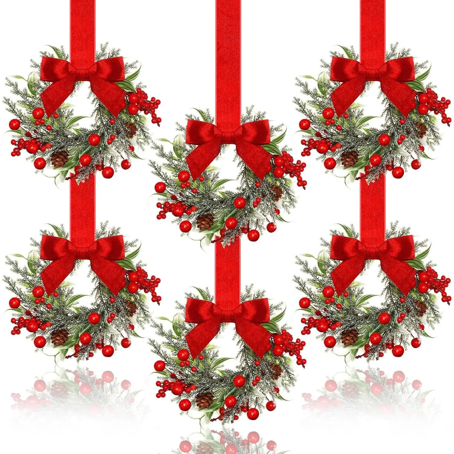 6 Pcs 6" Christmas in July Mini Cabinet Wreaths  Kitchen with Ribbon Bows Red Berry Small Window Wreath  Window Door Farmhouse Christmas Party Decorations