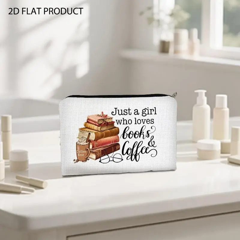 Vintage Book & Coffee Themed Makeup Bag, Double-Sided "Just a girl who loves books & coffee" Cursive Print, 5.9*8.66inch Portable Storage Pouch, Cozy Literary Style Cosmetic Organizer for Daily Travel & Personal Grooming
