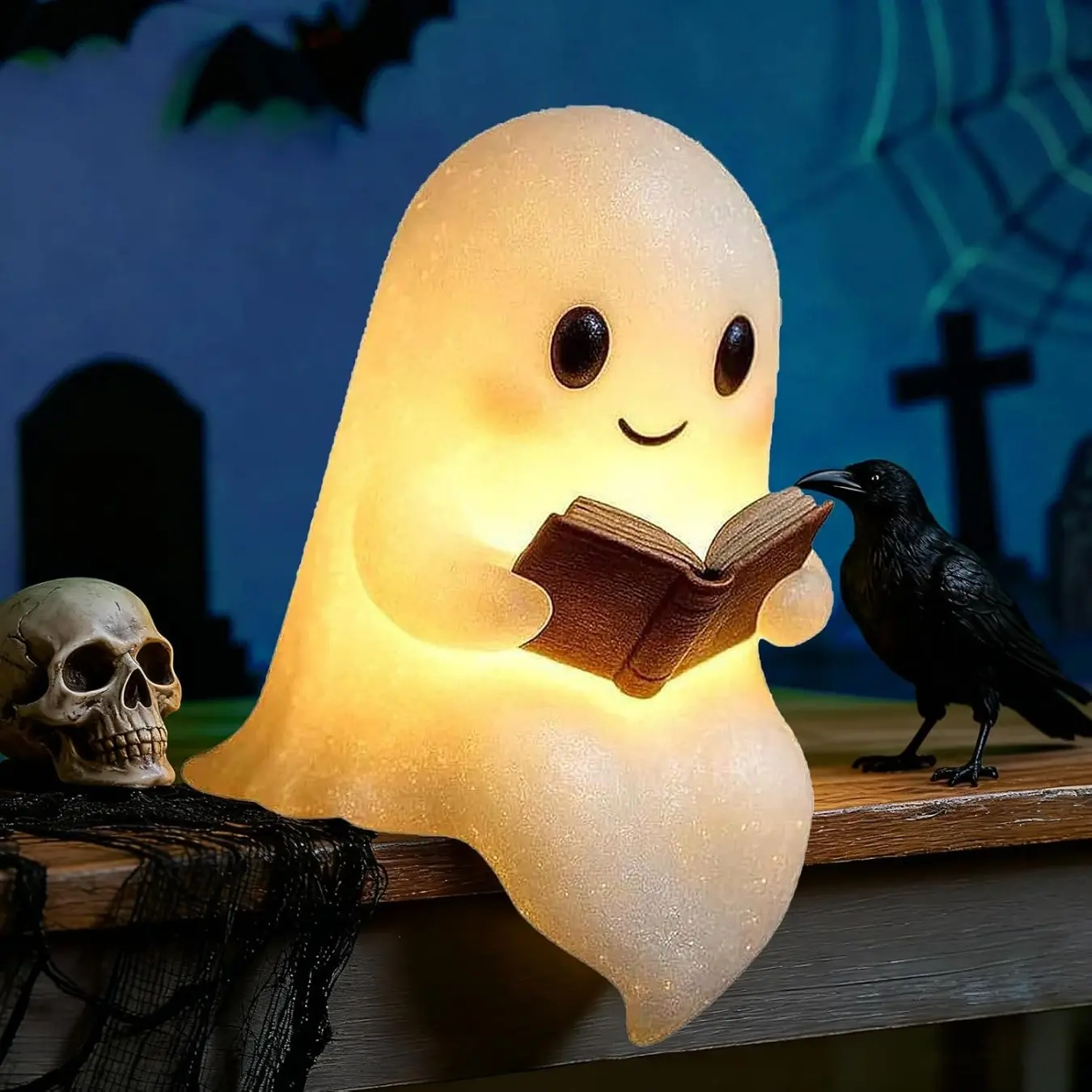 Cute 3D LED Ghost Night Light with Book Design, Light Up Ghost Statue Lamp, Halloween Decorative Table Light for Mantel Bedroom Home Party Ornaments