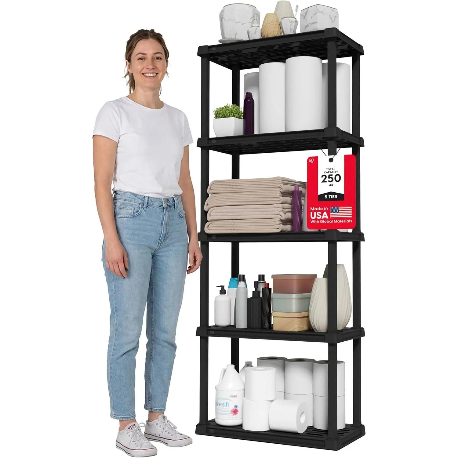 Plastic Storage Shelves, Black, 64"H x 24"W x 12"D
