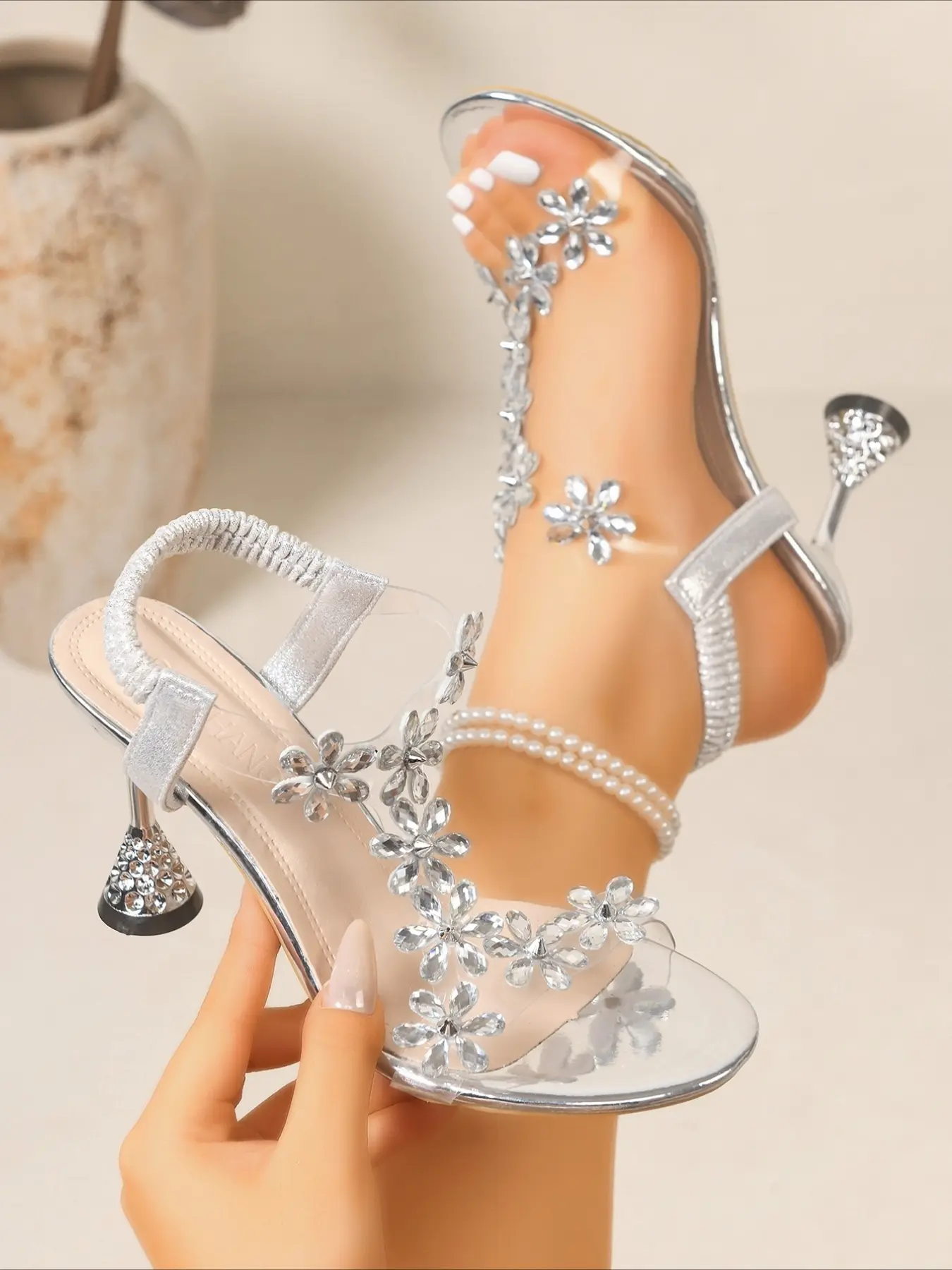 1 Pair Crystal Flower Heeled Sandals for Women, Crystal Wedge Sandals, Pearl Ankle Strap Wine Cup Heels, Fairy Dress Shoes for Wedding & Evening Party