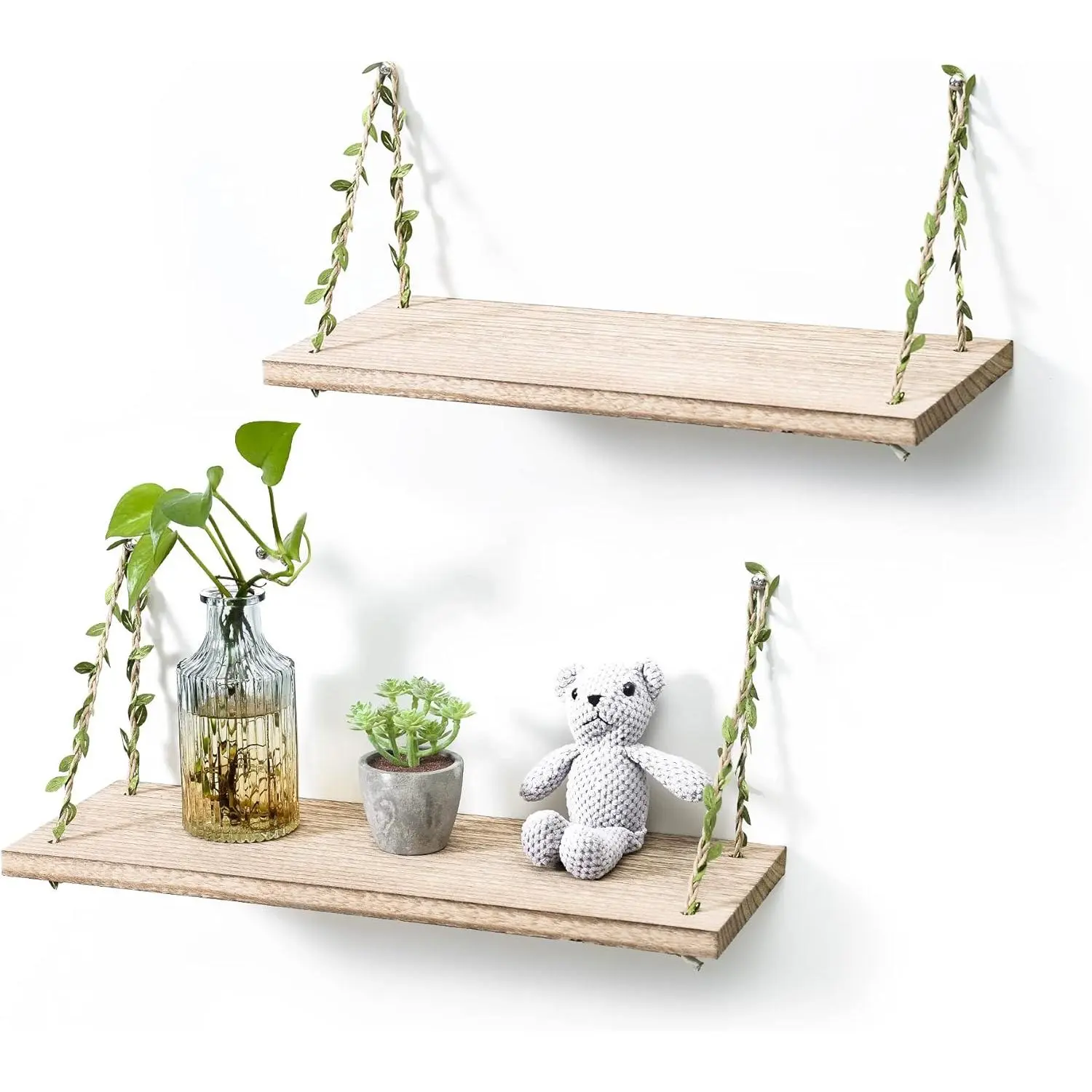 Leaf Rope Hanging Floating Shelves, Wall Swing Storage Shelf for Home Decor.17, 2-Pack (Light Color)