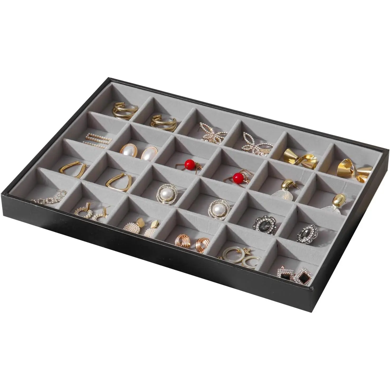 Large  Organizer Tray, Stackable  Storage Holder PU Leather  Jewellery Display Case for Stud Earring Bracelet Necklace Ring (Black Gray, 24 Grids)