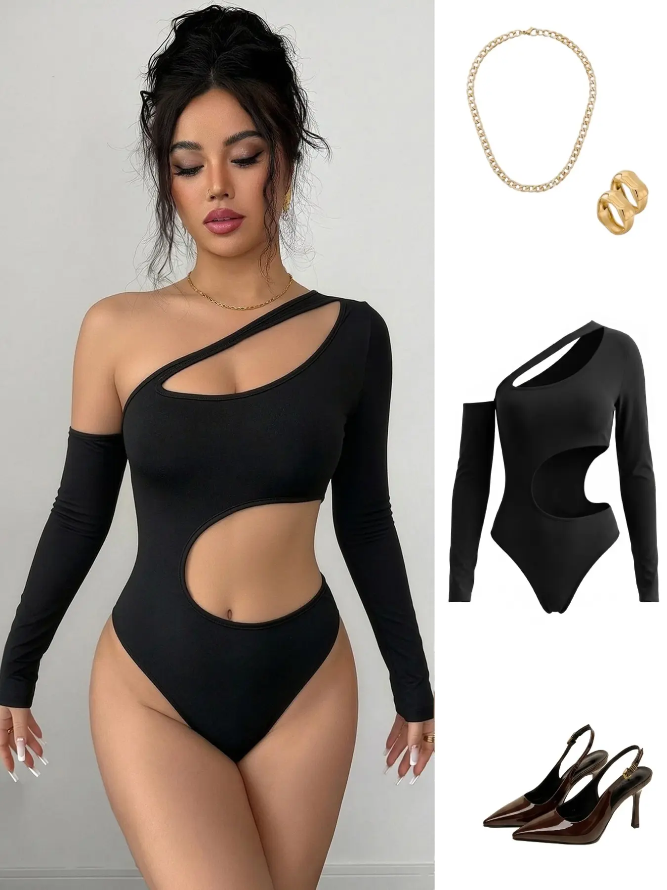 Sexy Waist-Exposed Cutout Asymmetrical Shoulder Long Sleeve Jumpsuit for Women, Slim-Fitting Bodycon, All Seasons Fashion