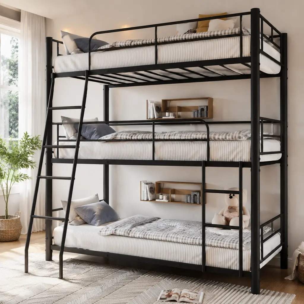 ARCH Heavy Duty Triple Bunk Bed Frame Twin Size Black Metal 3-Tier Stackable Bed for Kids Teens Dormitory Space Saving, Disassembles into 3 Single Beds, 350 lbs Capacity per Bed, No Box Spring Needed, Black Color Options, Metal Material