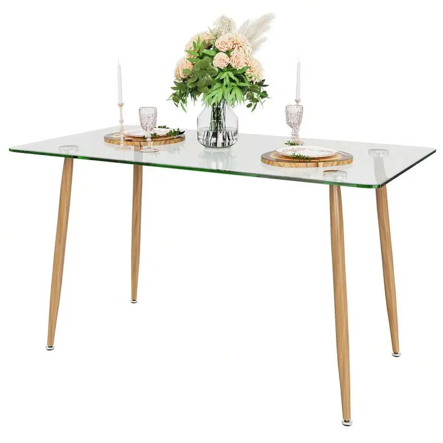 Modern Glass Dining Table, Rectangular Dining Room Table with Metal Legs