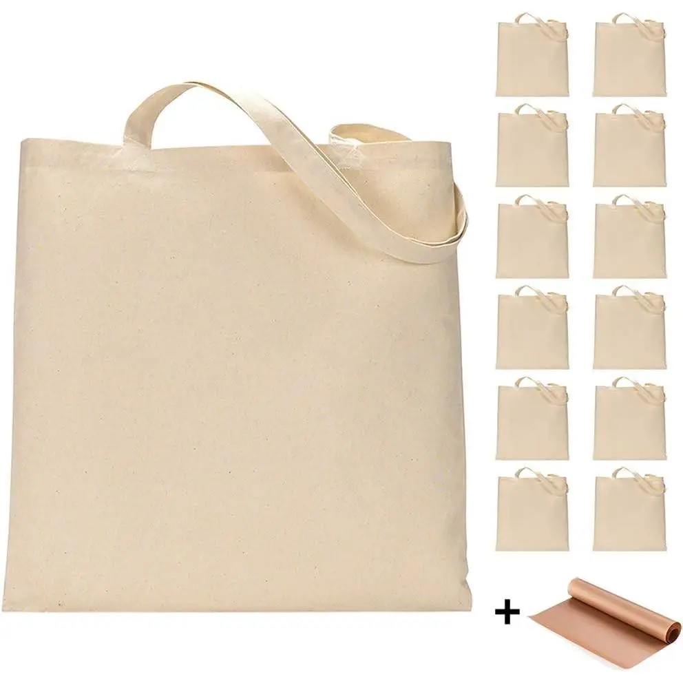 12 Pack Blank Canvas Tote Bags Bulk Reusable Shopping Grocery Bag for Crafts with a PTFE Teflon Sheet DIY