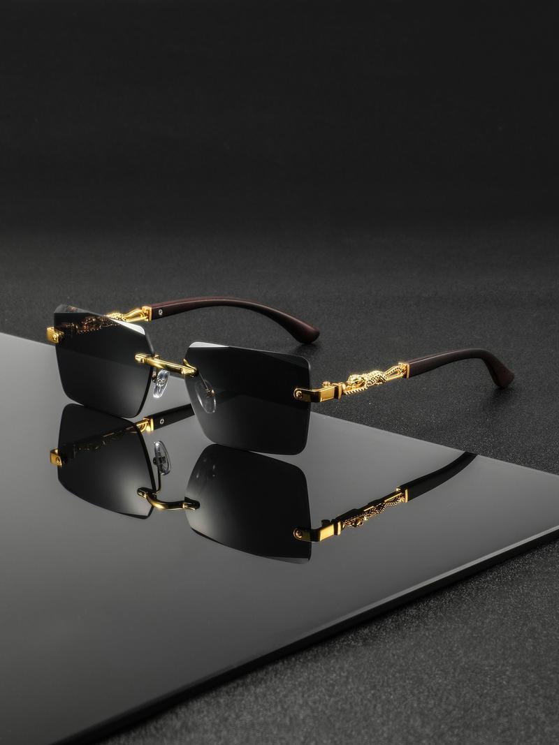 Men's Metal Square Frameless Retro Casual Glasses, High-End Elegant Versatile Design, Stylish Eyewear for Everyday Wear Classic Shades Tortoiseshell Sunglasses