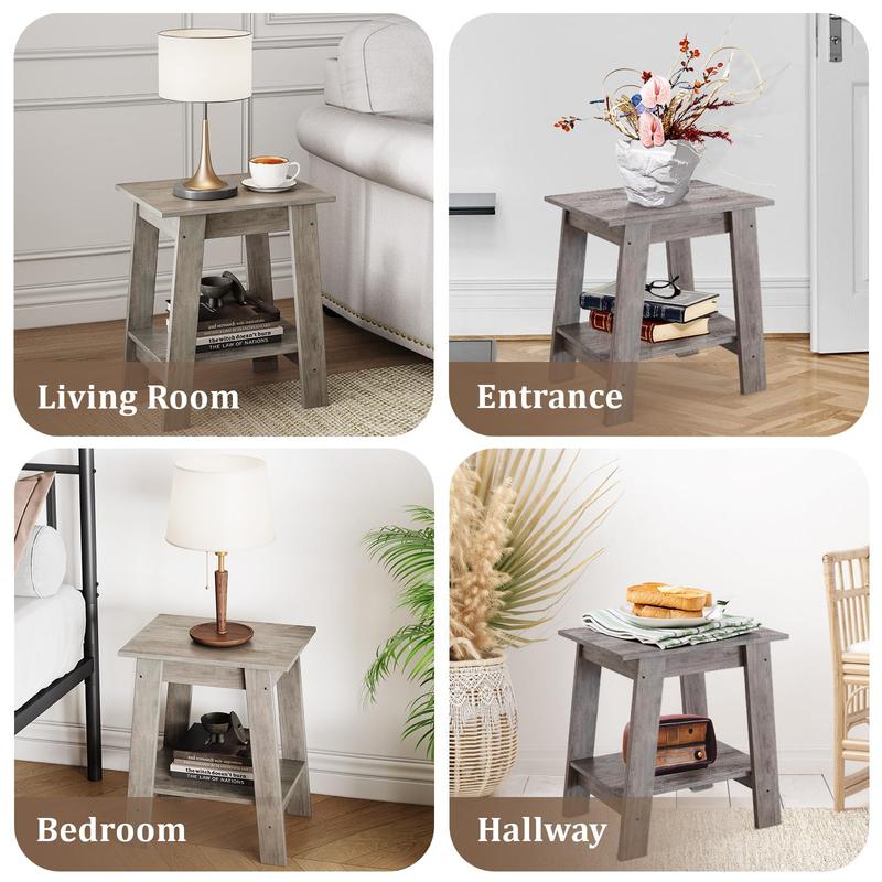 Farmhouse Rustic End Table with Storage Shelf, 2-Tier Narrow Accent Table for Living Room & Bedroom