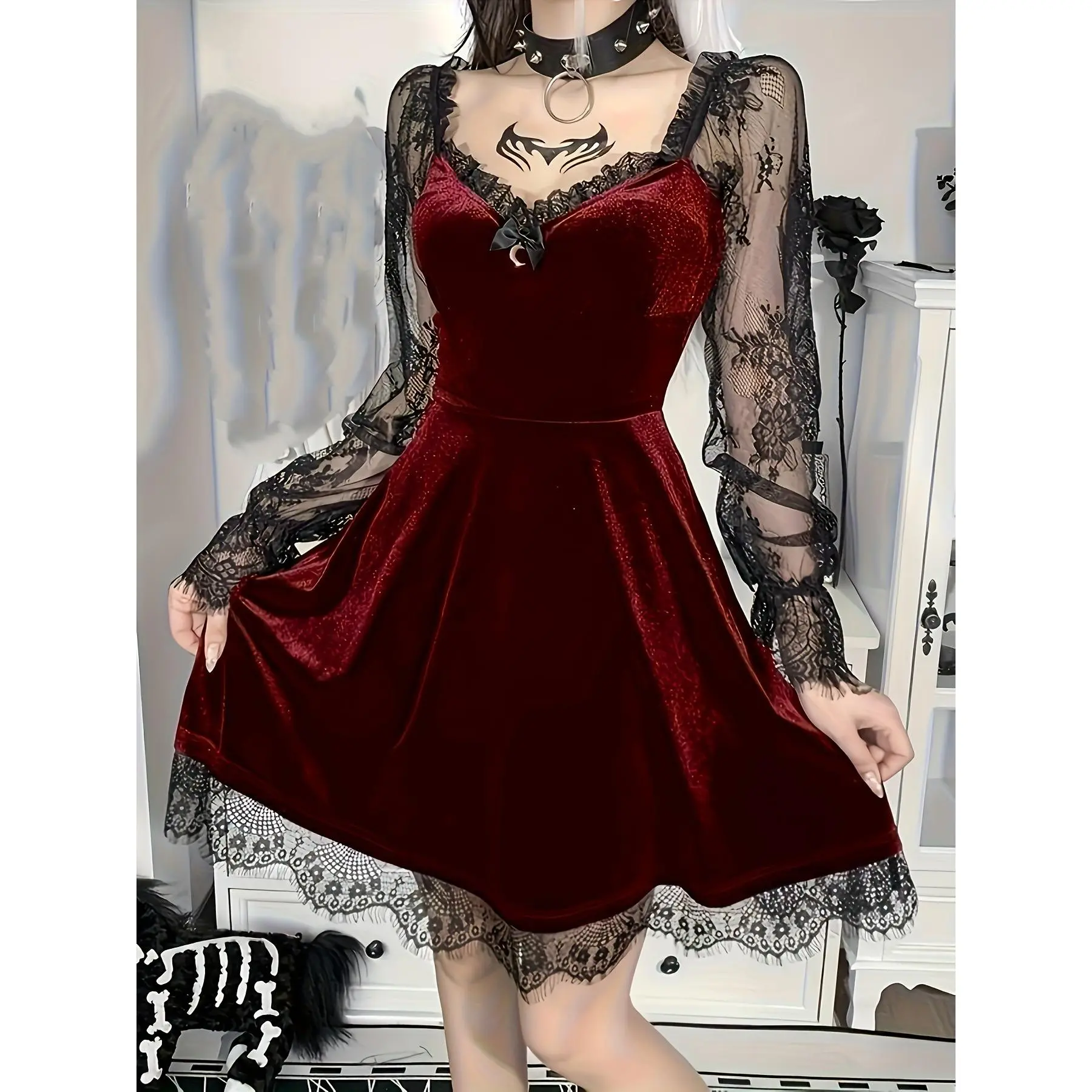 Women's Gothic Bust-Enhancing Boat Neck Dress - Velvet Lace Patchwork, Mesh Lace Sleeves, Hip-Hop Bow, Small Moon Accent, Versatile Formal Wear for Cosplay, Graduation Ceremony