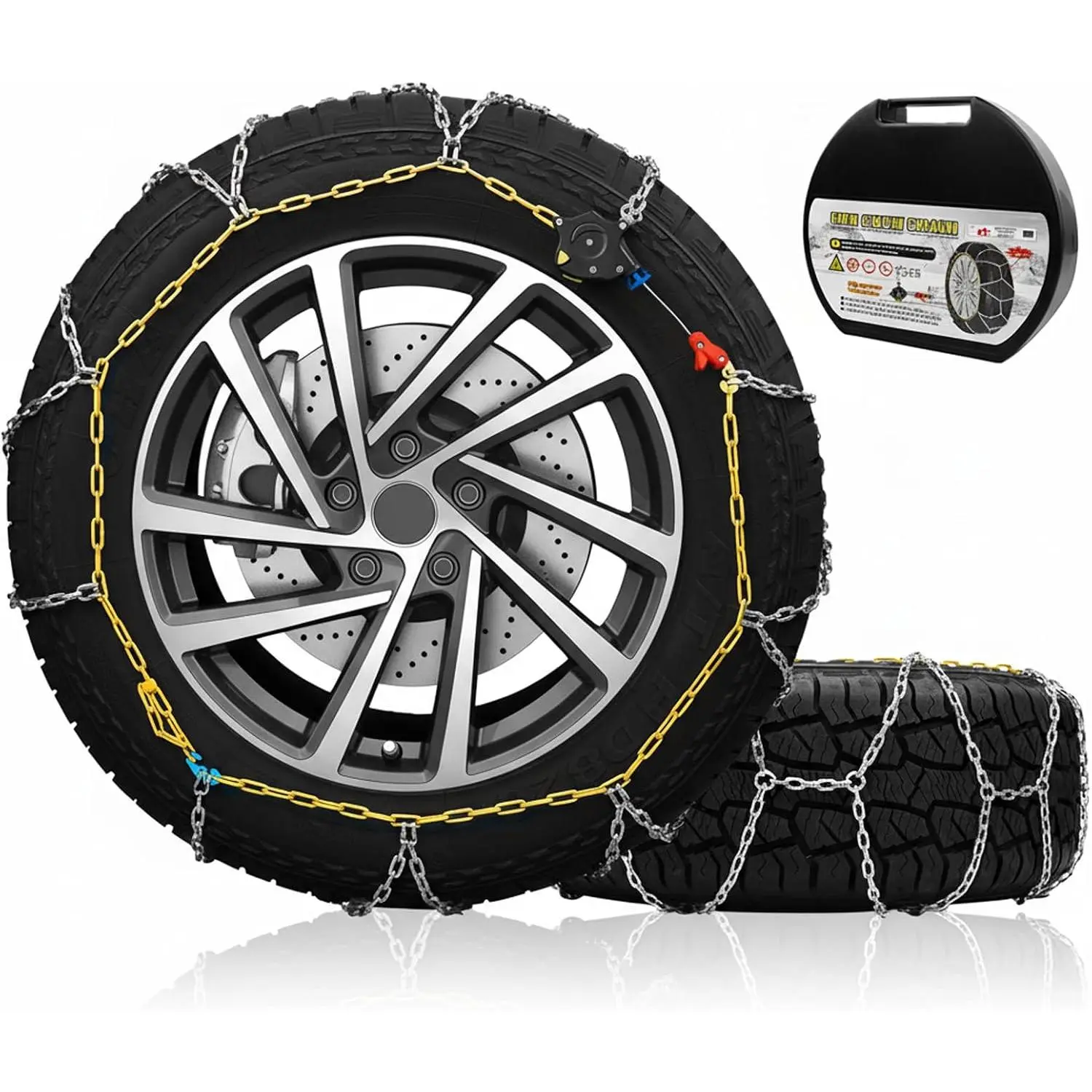 Manganese Steel Auto-Tightening Tire Chains for SUV-Pickup, 1-Min Quick Install, Compact, Multi-Size Metal Build, Excellent Grip, Durability, Easy Cleaning, Snow-Ice Traction, No Readjustment, Set of 2 (HKN130)