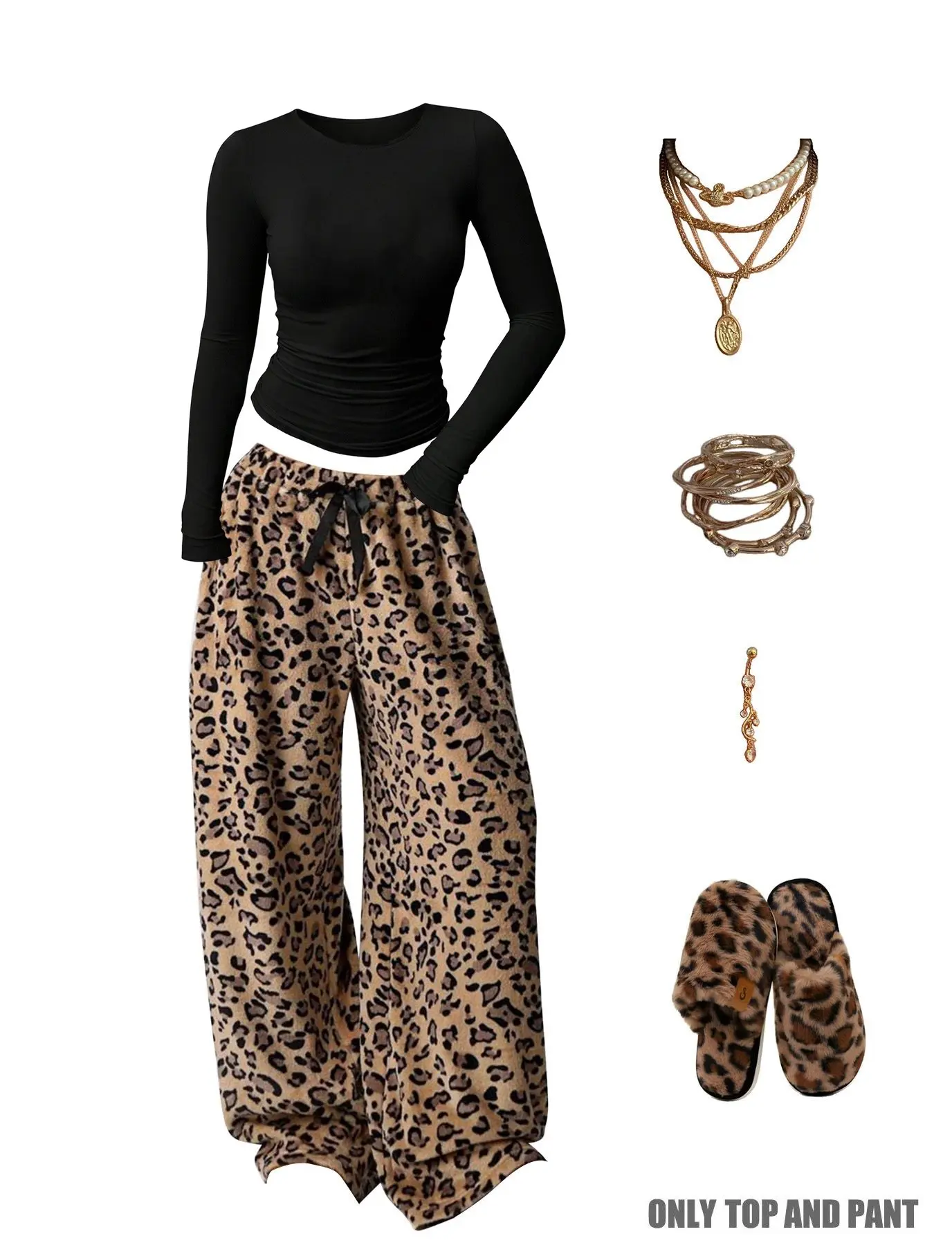 Women's Fall Winter Home Wear Set, Round Neck Slim Fit Long Sleeve Top + Loose Leopard Print Pants, Soft Comfortable, Essential