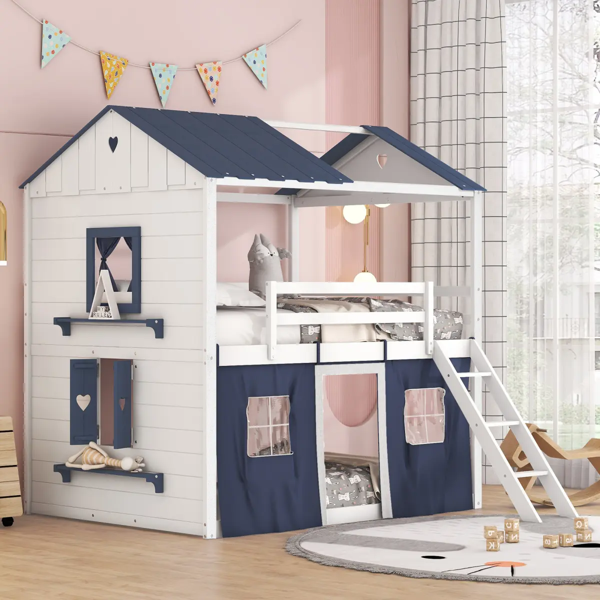 Full Size Wood Effect Treehouse Style House Bed with Elegant Windows, Sills and Tent - Blue+White, Indoor Beds, Treehouse Style Beds