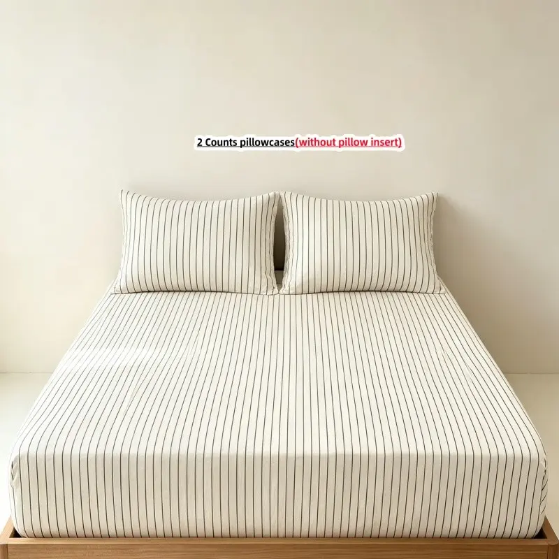 3pcs Striped Fitted sheet Set, Includes 1 Fitted sheet and 2 Pillowcases,without pillow insert, Elastic Band for Easy Fixing, Mattress Protector, Casual Style