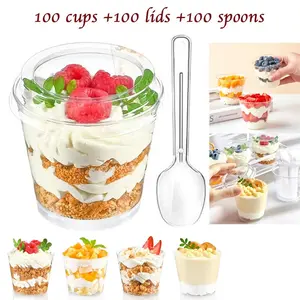 100 Pack Reusable Clear Dessert Cake Cups with Secure Lids & Spoons, Durable Containers for Yogurt, Coconut Milk, Pudding & Oatmeal, Perfect for Mousse, Cupcakes and Ice Cream, Ideal for Birthday Parties, Weddings and Holiday Celebrations