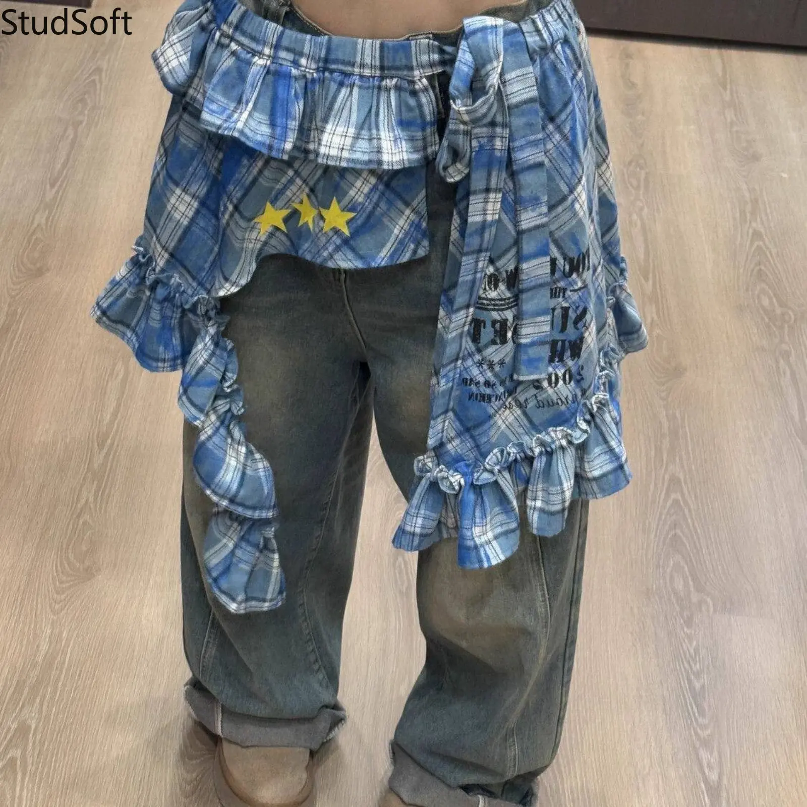 Plaid Ruffle Mini Skirt Over Pants Y2K Tartan Shirt Tied Waste Belt Layering Skirt Girdle Retro Stars Graphic Apron Streetwear Corset for Women Girls