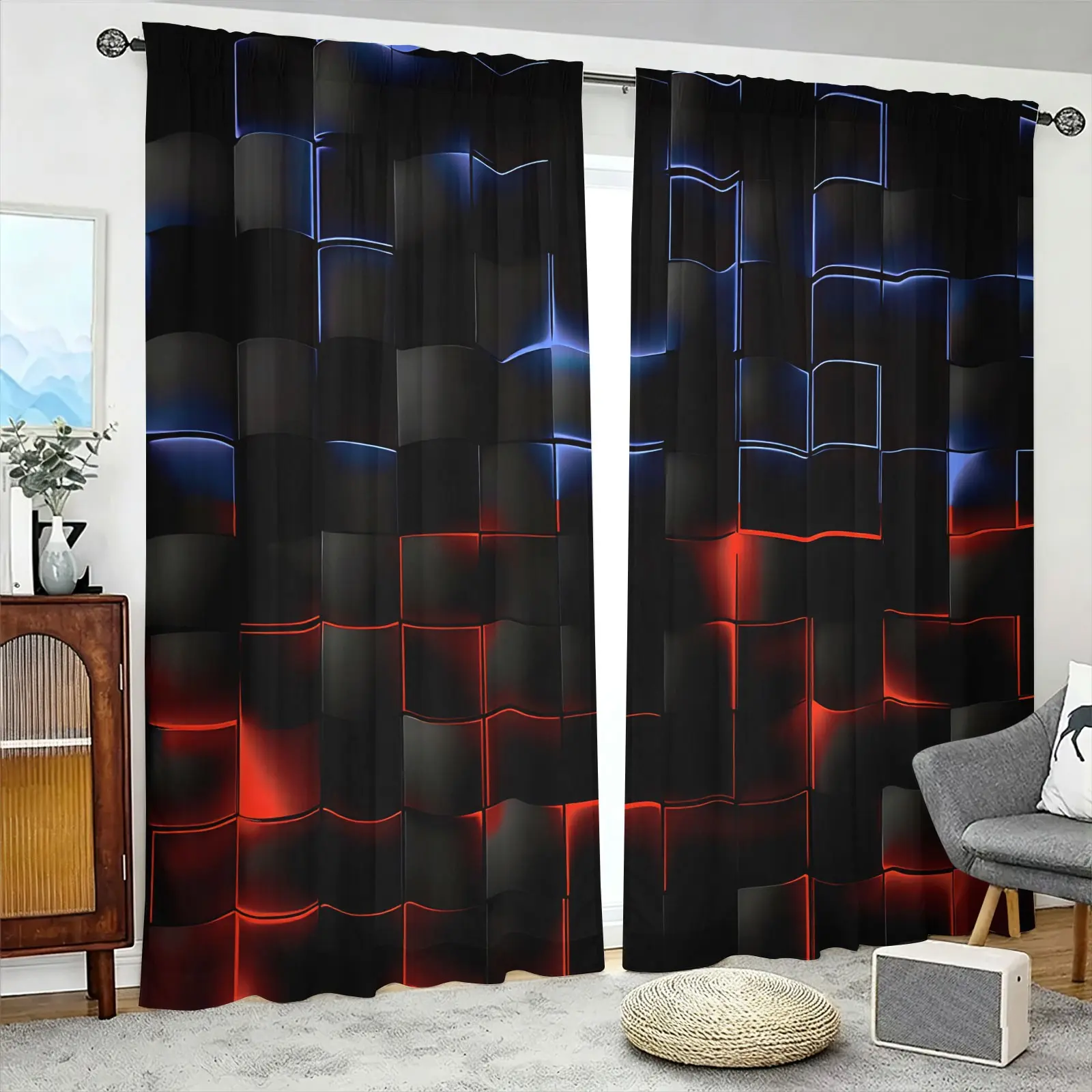 2 Piece Cyberpunk Red Blue Neon Grid Tile Print Curtains, Room Decor Curtain, Rod Pocket Design, Suitable for Bedroom Living Room Gaming Room Dorm, Window Curtain, Home Decorative Curtain, Futuristic Tech Home Decoration Curtain