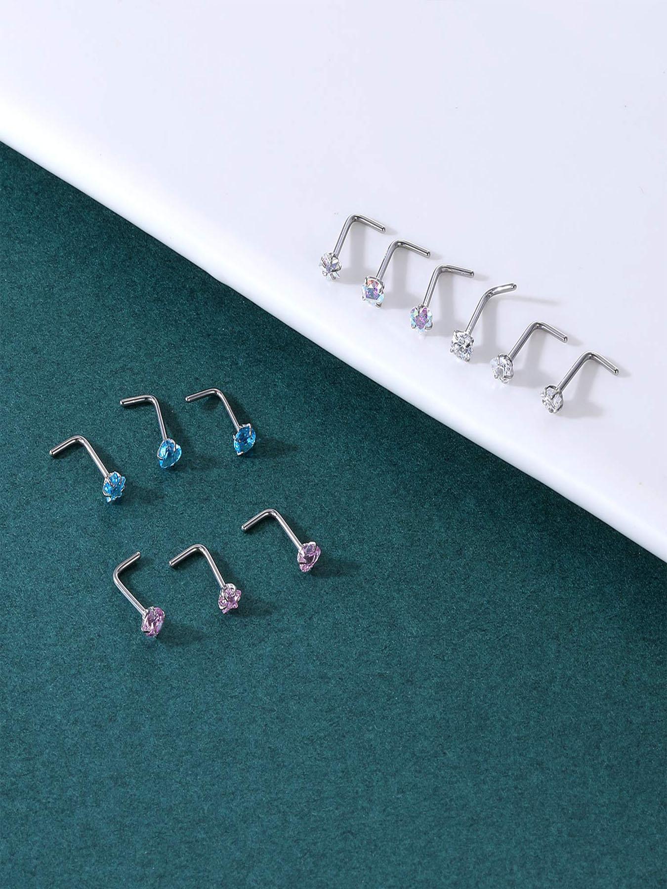 12pcs/set Rhinestone Decor Nose Studs, Stainless Steel Nose Rings, Fashion Body Jewelry for Women & Men
