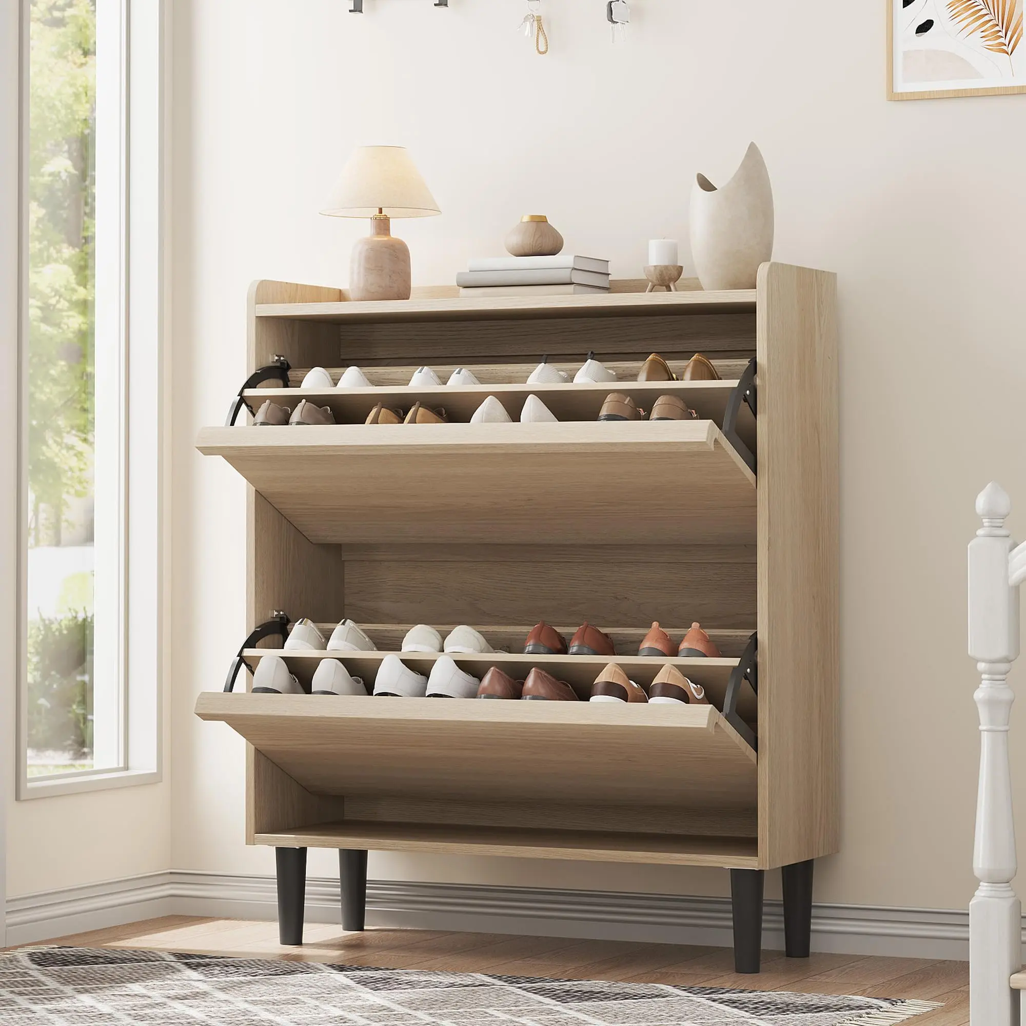 Minimalist Narrow Wooden Shoe Cabinet - 2 or 3 Tilting Drawers, Adjustable Shelves, Freestanding Single Unit Wall Rack Shelf, Space-Saving Hidden Organizer for Entryway, Foyer, Natural Oak & Antique White