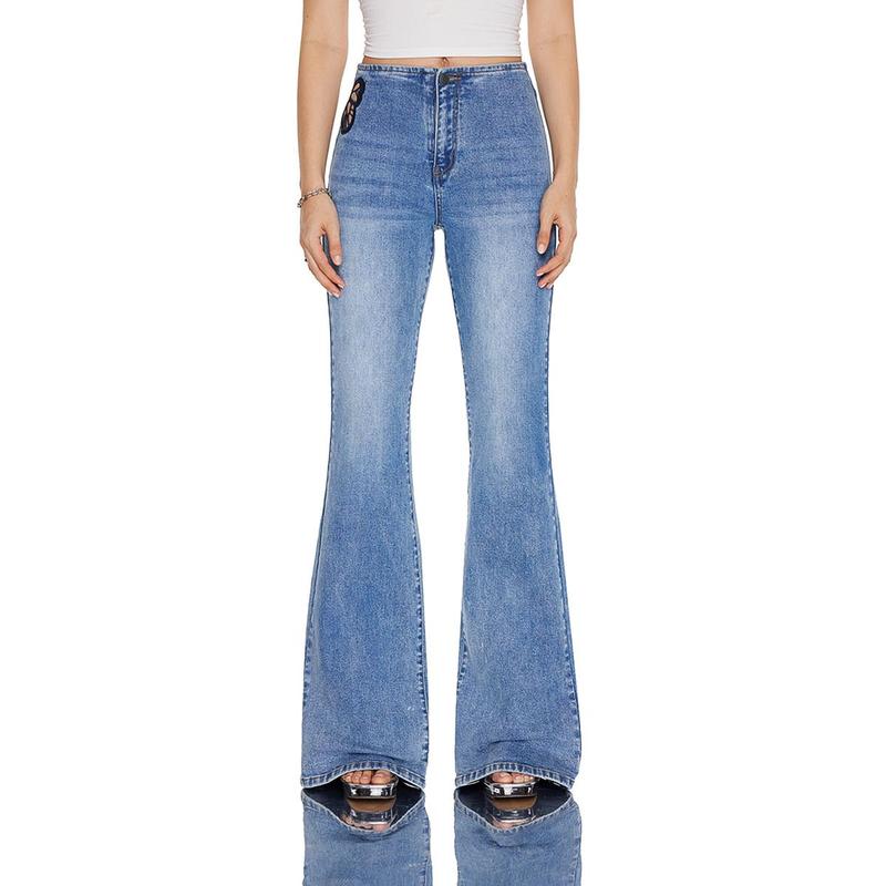 Vanessa CANANA Women's High Rise Stretch Flared Jeans - Mid Wash with Butterfly Embroidery, Minimalist Denim Pants SH25F04