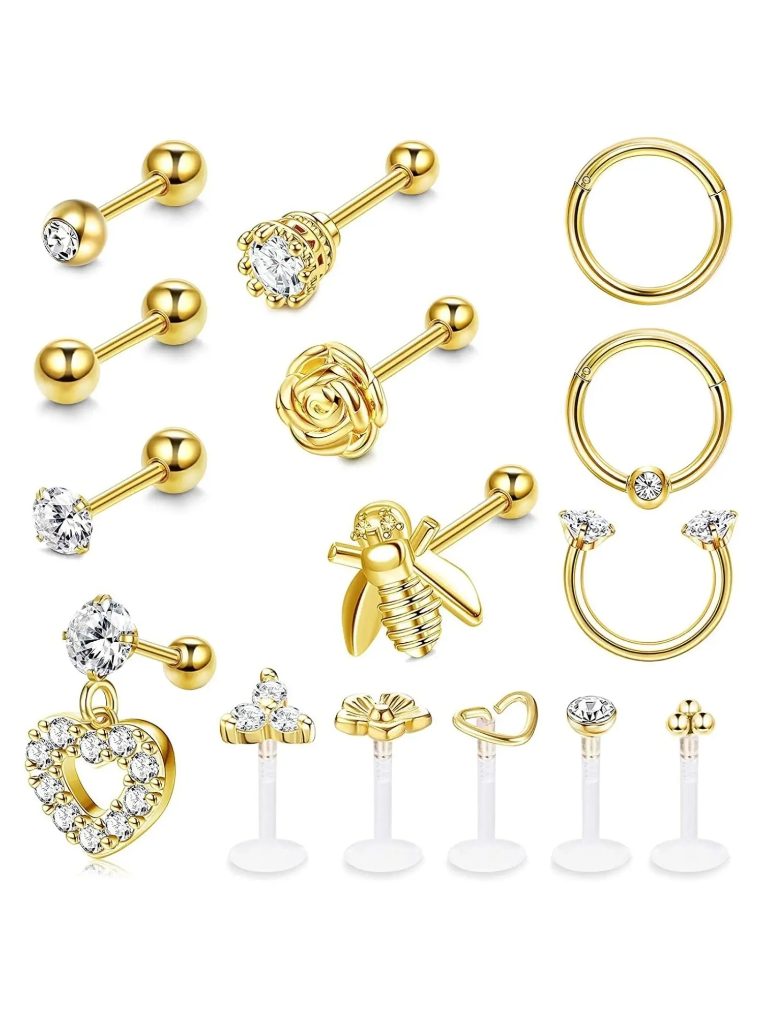 15 Pcs Golden Sparkling CZ Polished Stainless Steel Acrylic Universal Piercing Bundle Pack Varied Lip Labret Stud Septum Curved Horseshoe Ring Tragus Ear Cartilage Helix Piercings for Women Sleek Straight Piercings Multiple Eye-catching Decorative Ends