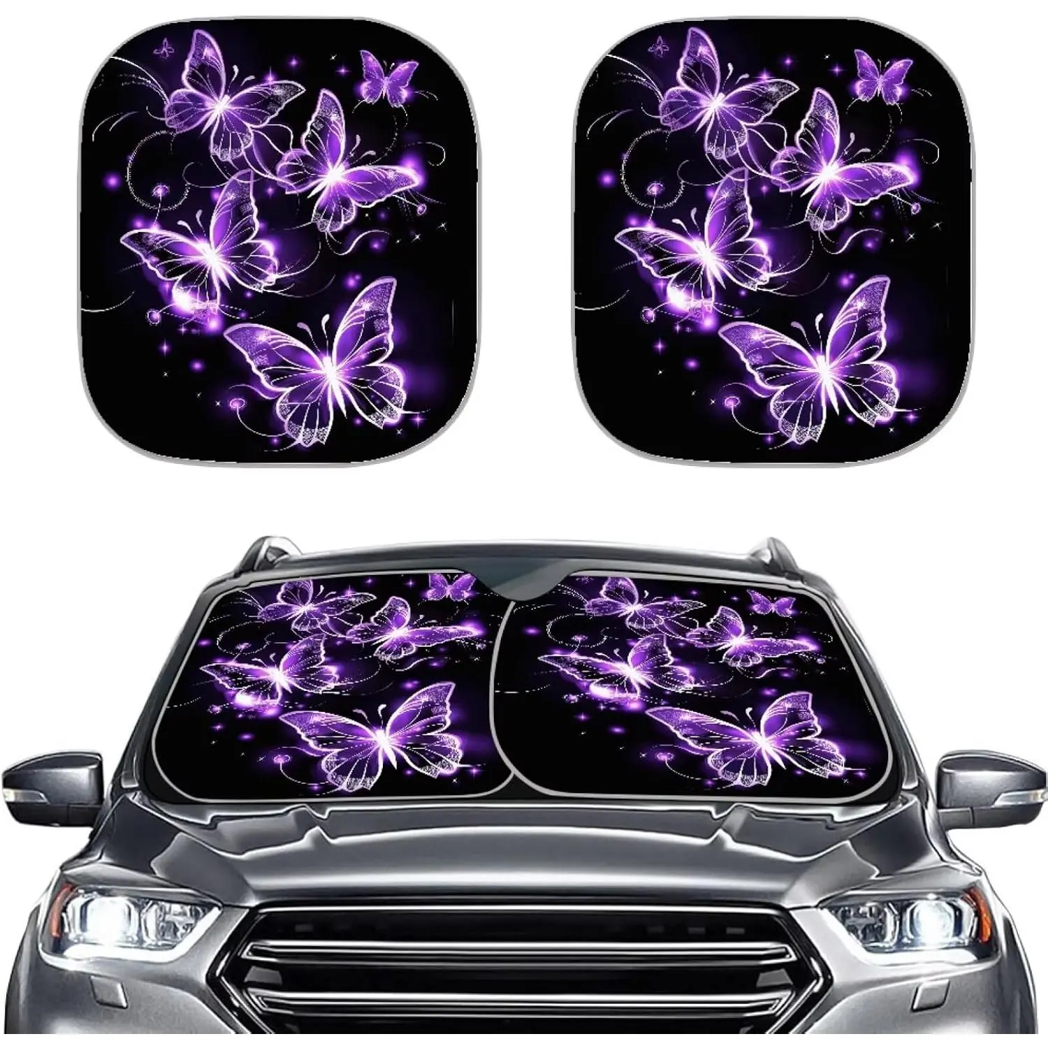 Purple Butterfly Car Windshield Sun Shade 2 Piece Front Window Sun Visor Shield Sunshade Butterfly Car Accessories Foldable Auto Windshield Sunshade Universal Fit for Most Cars Women Girly