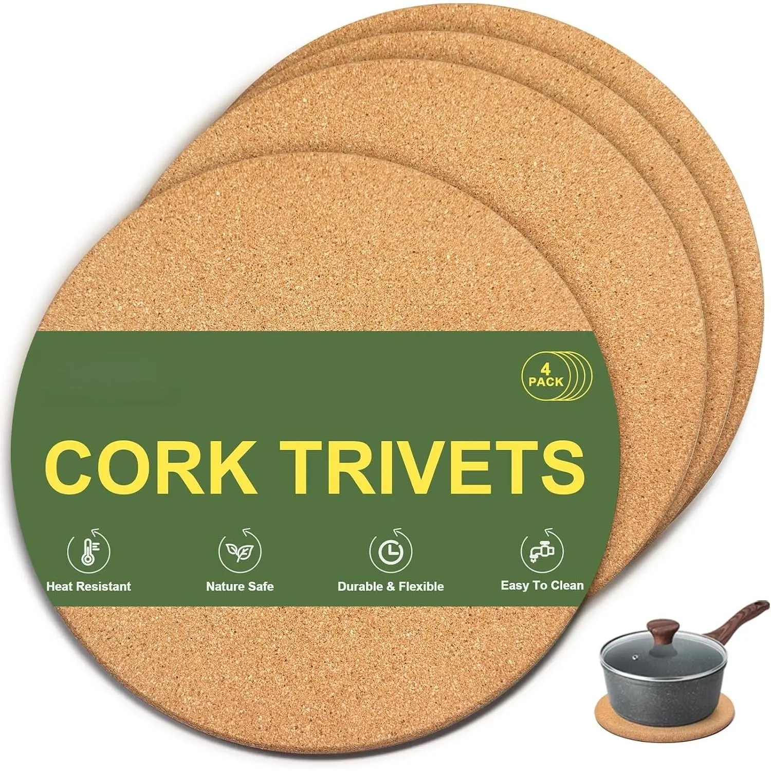 Cork Trivet Mats, 4 count Heat Resistant Cork Trivets for Hot Pots and Pans, Hot Dishes, Multipurpose Non-Slip Cork Hot Pads for Kitchen Countertops Table, High Density Thick Round Pot Coaster