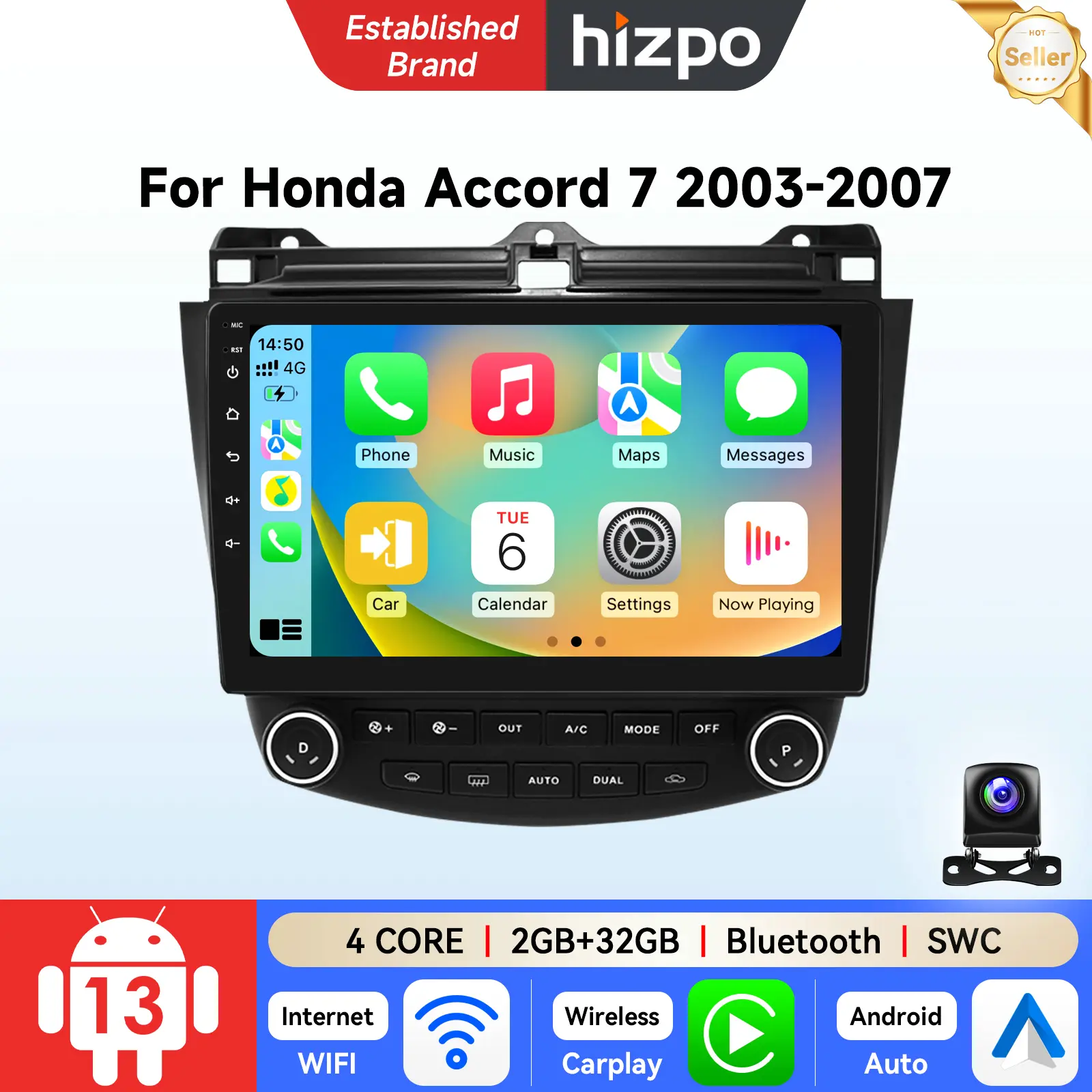 Hizpo Android 13 Bluetooth Car Radio for Honda Accord 7 (2003-2007), GPS Navigation, CarPlay, Android Auto, Steering Wheel Control Support