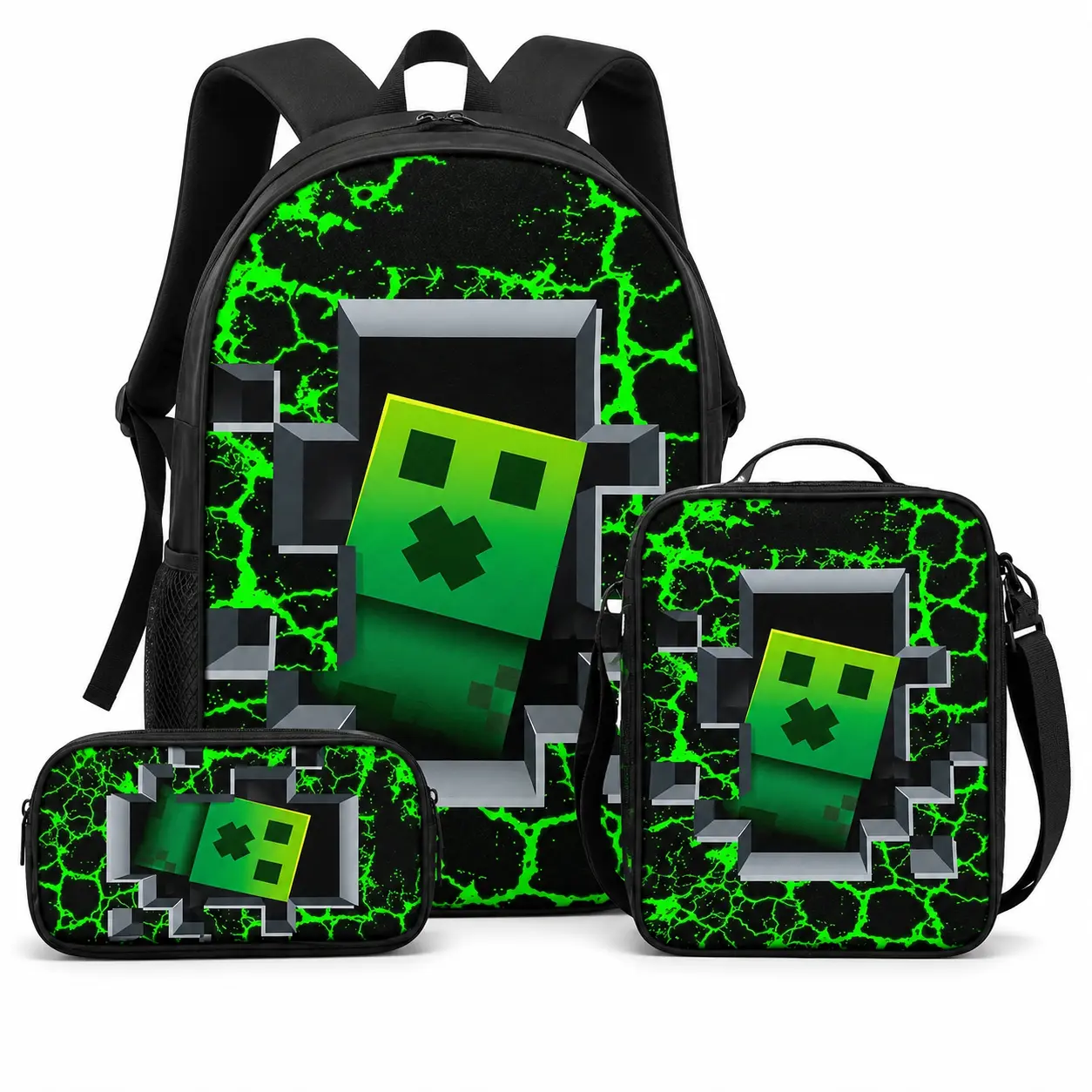 Unisex 3PCS Large Capacity Backpack Set Pack, Green Pixel Monster Print School Backpack with Zip Fastener Lunch Bag & Pencil Case, Black Neon Game Graphic Lightweight Travel Bag with Adjustable Shoulder Straps, Back to School Gift