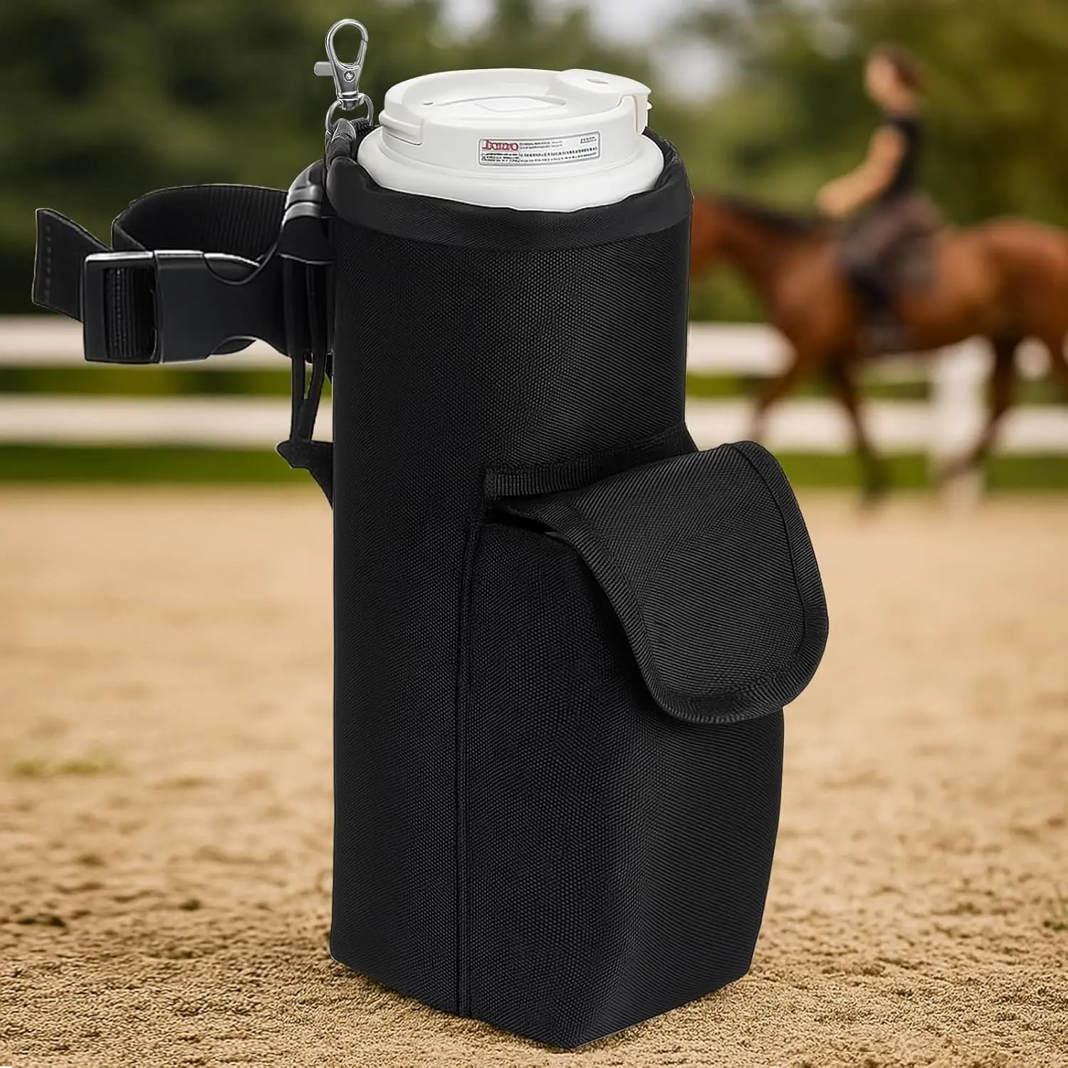 Horse Saddle Water Bottle Holder with Pocket, Adjustable Strap Easy-Attach Horse Riding Accessory, 10x4x4 Inch Black Saddlebags Gift Item