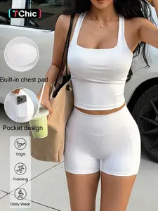 Solid Color Yoga Set, Square Neck Sports Bra with Pockets, Peach Butt Fitness Shorts, Pilates Training Slimming Two-Piece Set, Athleisure Summer Clothes, Fitness Clothing