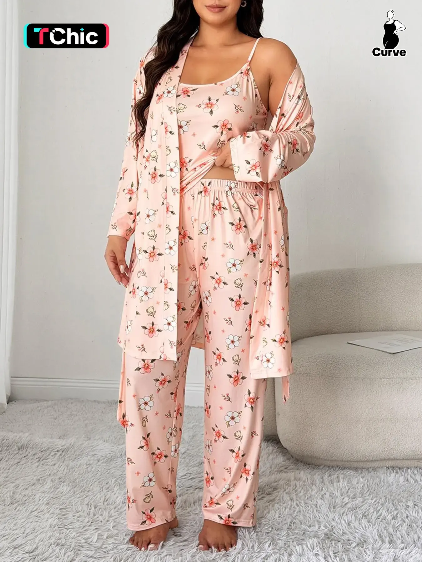 Women's Plus Size Romantic Floral Pajama Set, Tank Long Pants + Casual Open Cardigan Sleepwear, Spring & Fall Home Clothes