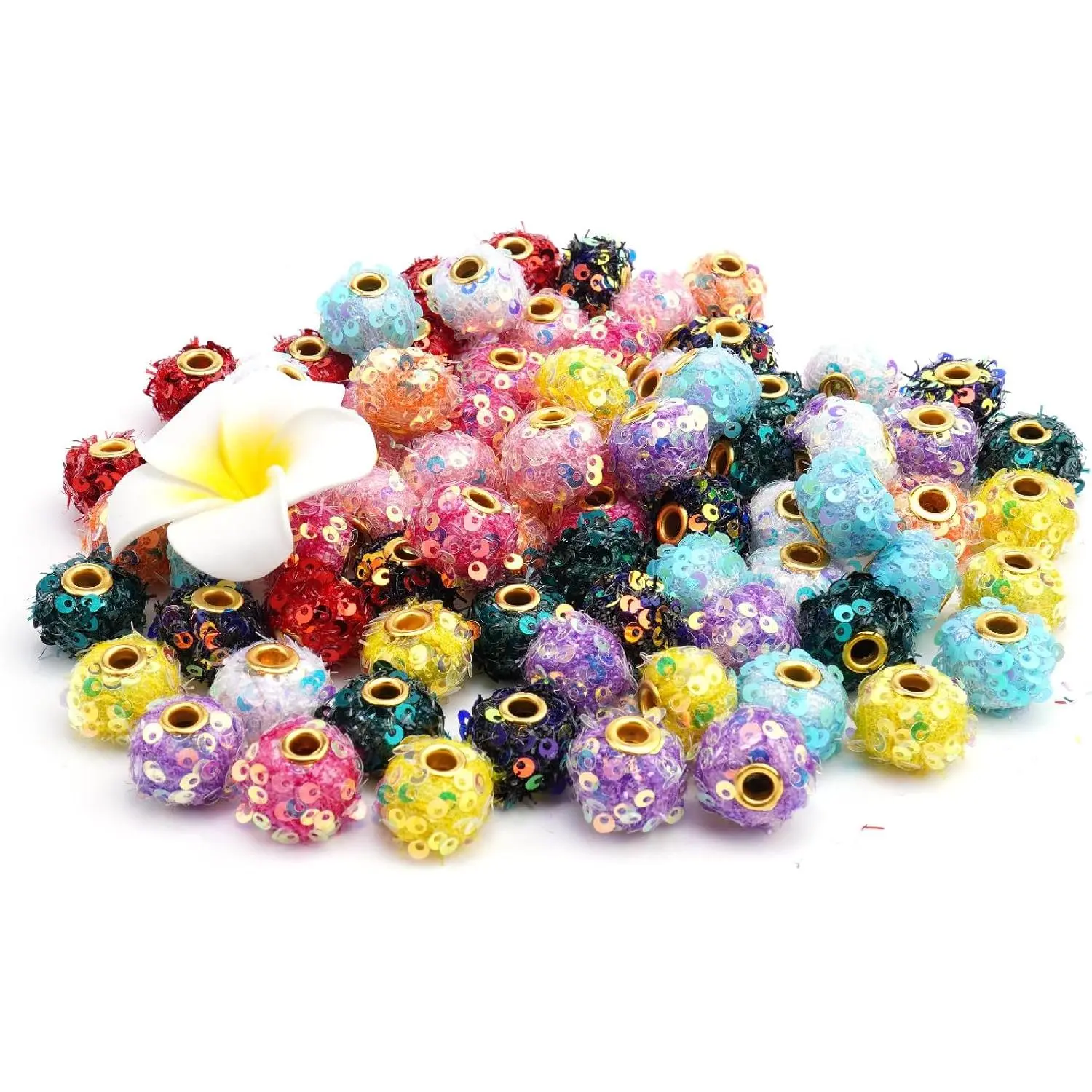 80-Count Bulk Shiny Sequins Focal Beads, Poms, Spacer Beads - Beginner-Friendly DIY Beading Supplies for Pens, Key Chains