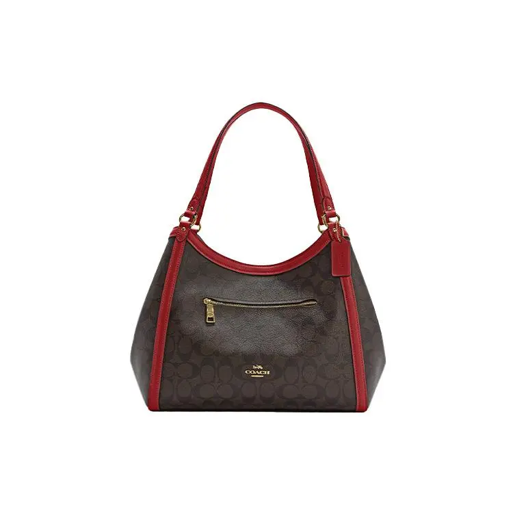 COACH Kristy 32 Large Capacity Bucket Bag for Women – Signature Coated Canvas and Smooth Leather, Dark Brown with Red