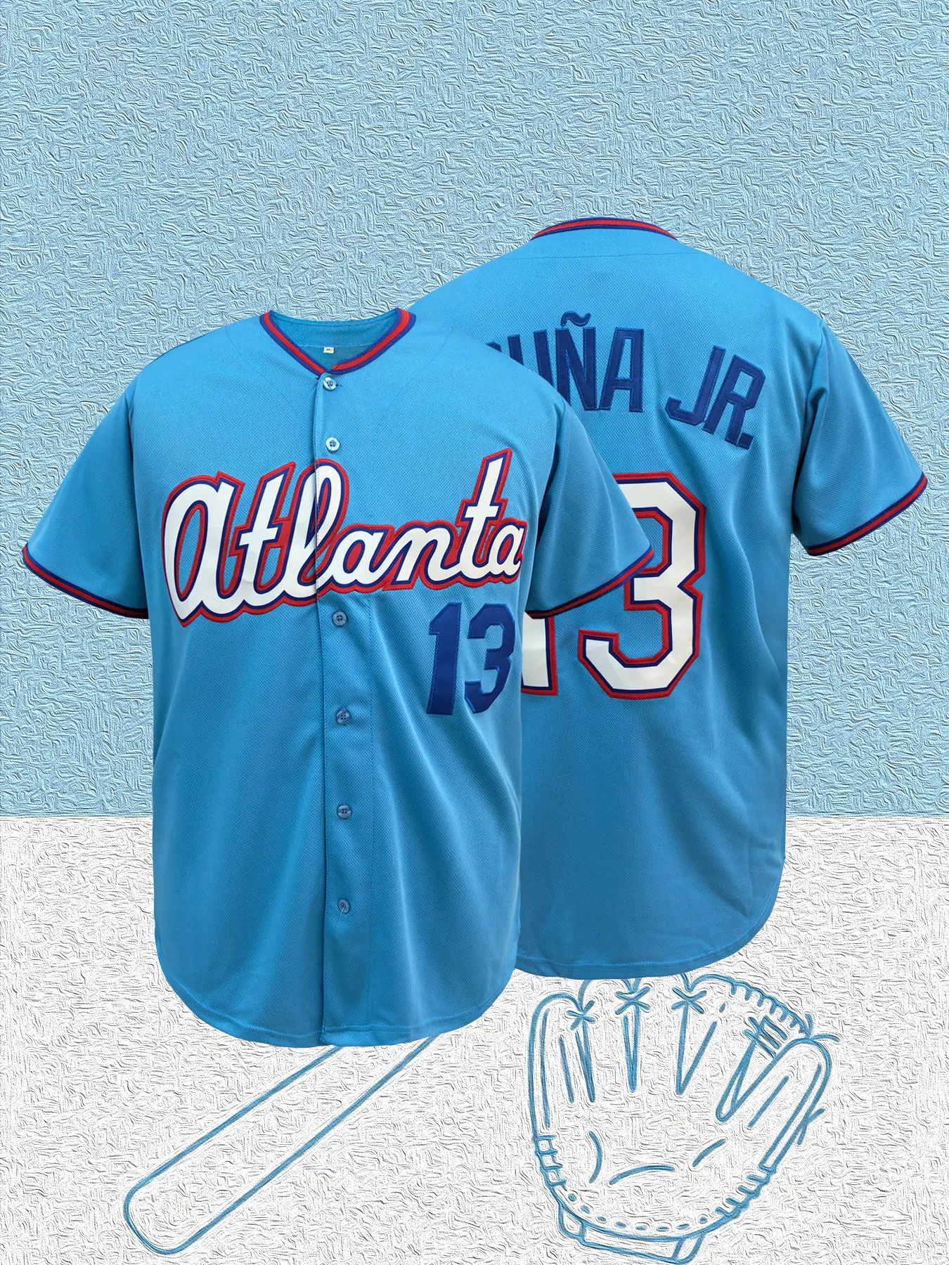 Men's Atlanta 13 Embroidered Baseball Sports Style Jersey Light Blue Retro Classic Unisex Casual Sports Shirt