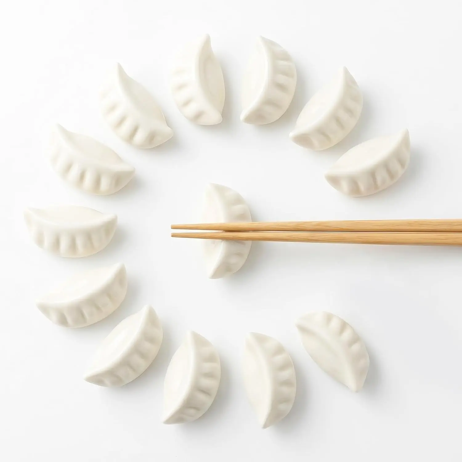 12pcs Ceramic Chopstick Holder, White Chopstick Rest, Realistic Dumpling Shaped Stand for Spoon Fork Knife, Porcelain Utensil Rack for Home Restaurant Table Decor, Unique Asian Dinnerware Accessory