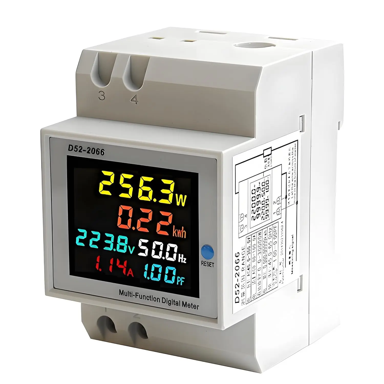 Single Phase Energy Meter with LCD Display Din Rail Electricity Usage Monitor for Voltage Current Power KWh Frequency Power Factor - 220V AC 40V-300V 100A Household & Industrial Use