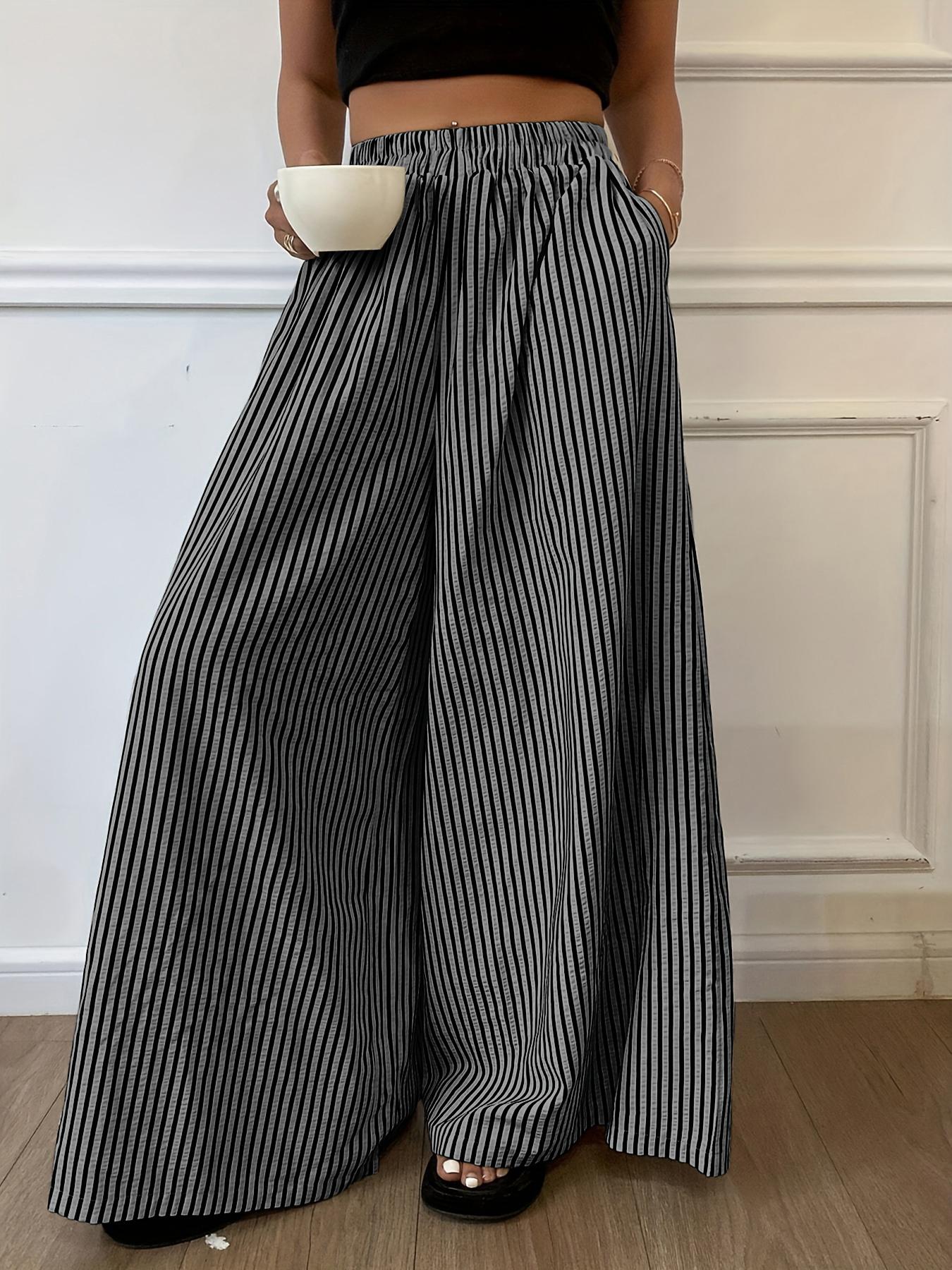 Women's Vertical Striped Casual Elastic Waist Wide Leg Pants, Loose-Fitting Stripe Design, Comfortable Daily Wear