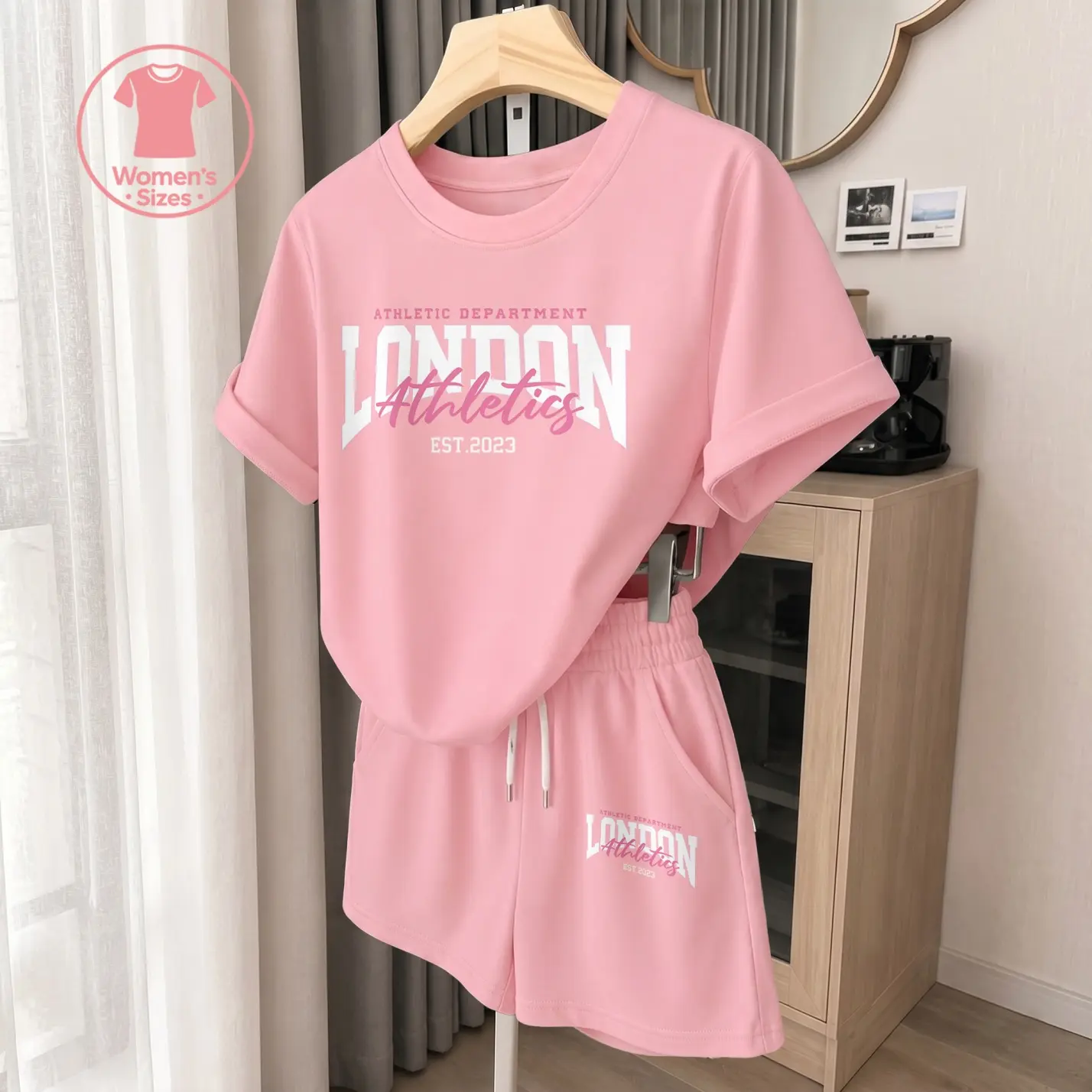 Women’s casual two piece set with London Athletics graphic print, soft breathable fabric, relaxed fit T-shirt and shorts, perfect for travel, cruise, beach, shopping and daily summer wear