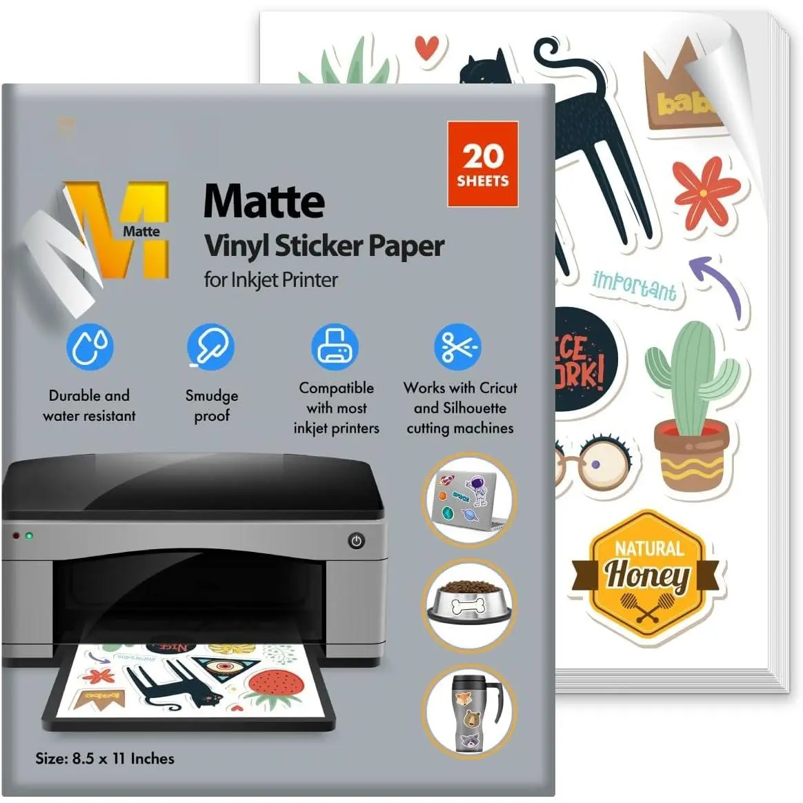 Printable Vinyl Sticker Paper for Inkjet Printer - Self Adhesive Matte  Sticker Paper - 20 Sheets 8.5x11 - Easy Cut & Peel,  Sticker Printer Paper for Crafts, Labels,