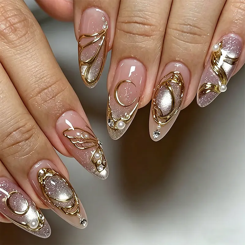 New set of 30 gold-plated nail pieces with butterfly decorations and wearable 3D pearl-patterned nail art patches.