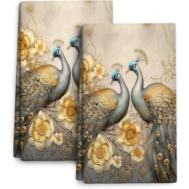 2-Piece Set: Vintage-style peacock and floral print kitchen towels (16 x 24 inches). These elegant, absorbent, and decorative tea towels feature a classic, luxurious gold vintage aesthetic; perfect for elegant country-style homes and holiday gifting.