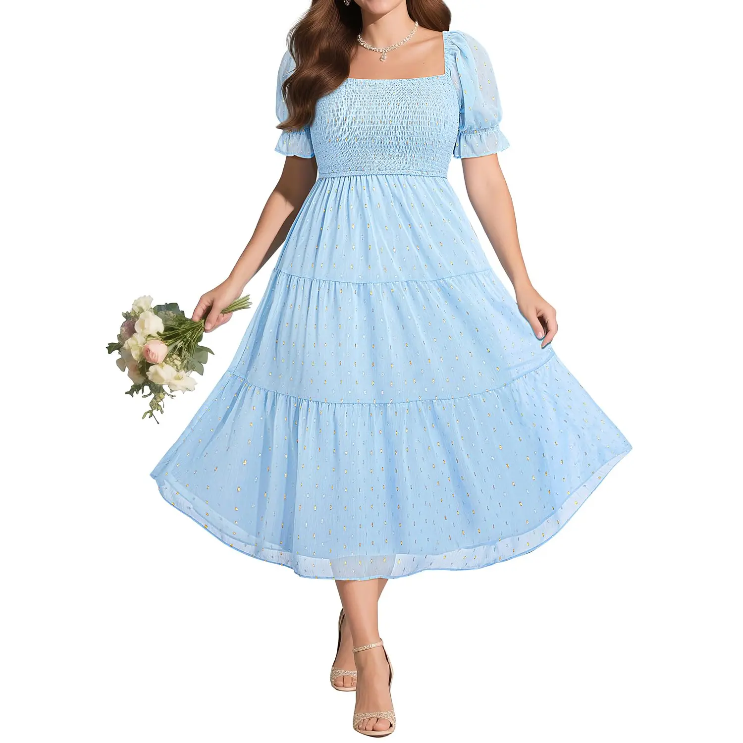 Pinup Fashion Plus Size Summer Dress - Bridal Shower Graduation Wedding Guest Gold Dots Smocked Midi Dresses