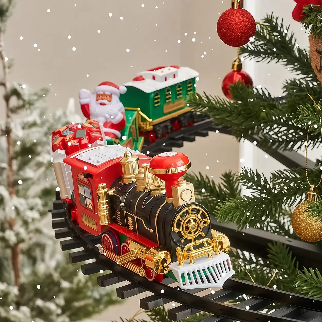 Christmas Tree Train Set with Light , Festive Holiday Railway Decoration for Xmas Tree, Around Tree Track Display for Home, Christmas Party, Fireplace Decor, Seasonal Holiday Gift