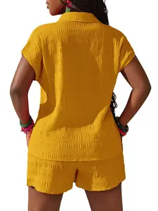 Women's New Casual Vacation Loose Textured Fabric Button Front Shirt and Knot Shorts Summer Set, Stylish and Comfortable