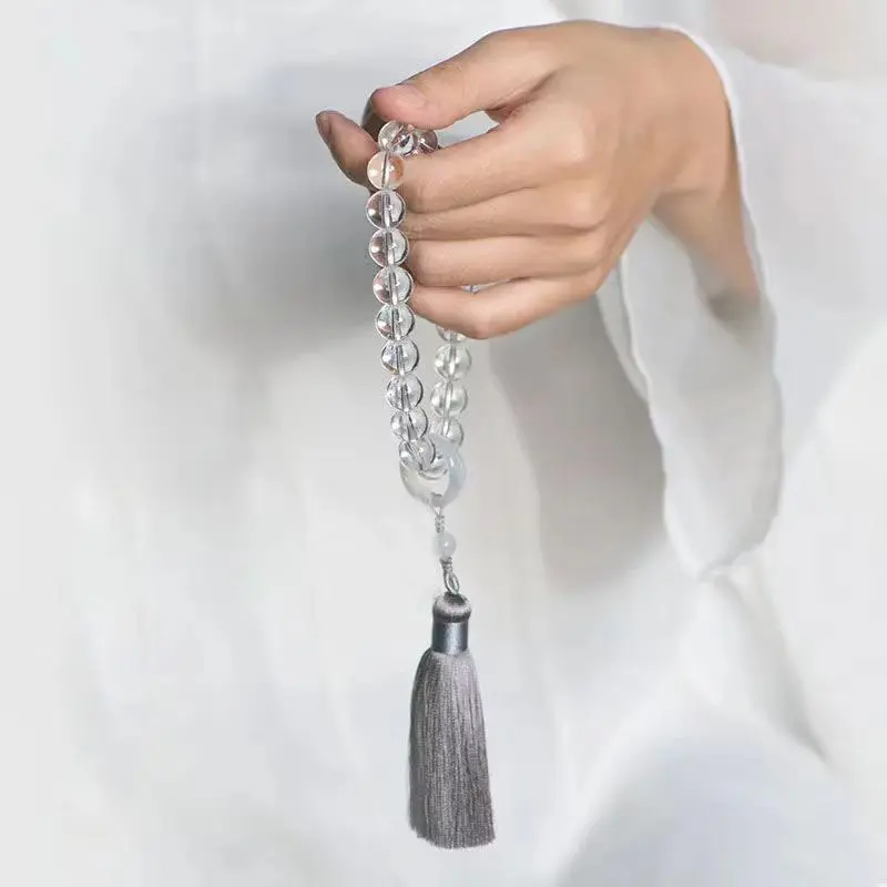Traditional Chinese 18 Beads Handheld Prayer Beads, Natural Crystal Jade Obsidian Beaded Tassel Bracelet, Vintage Hanfu Accessory Car Rearview Mirror Hanging Decor Gift
