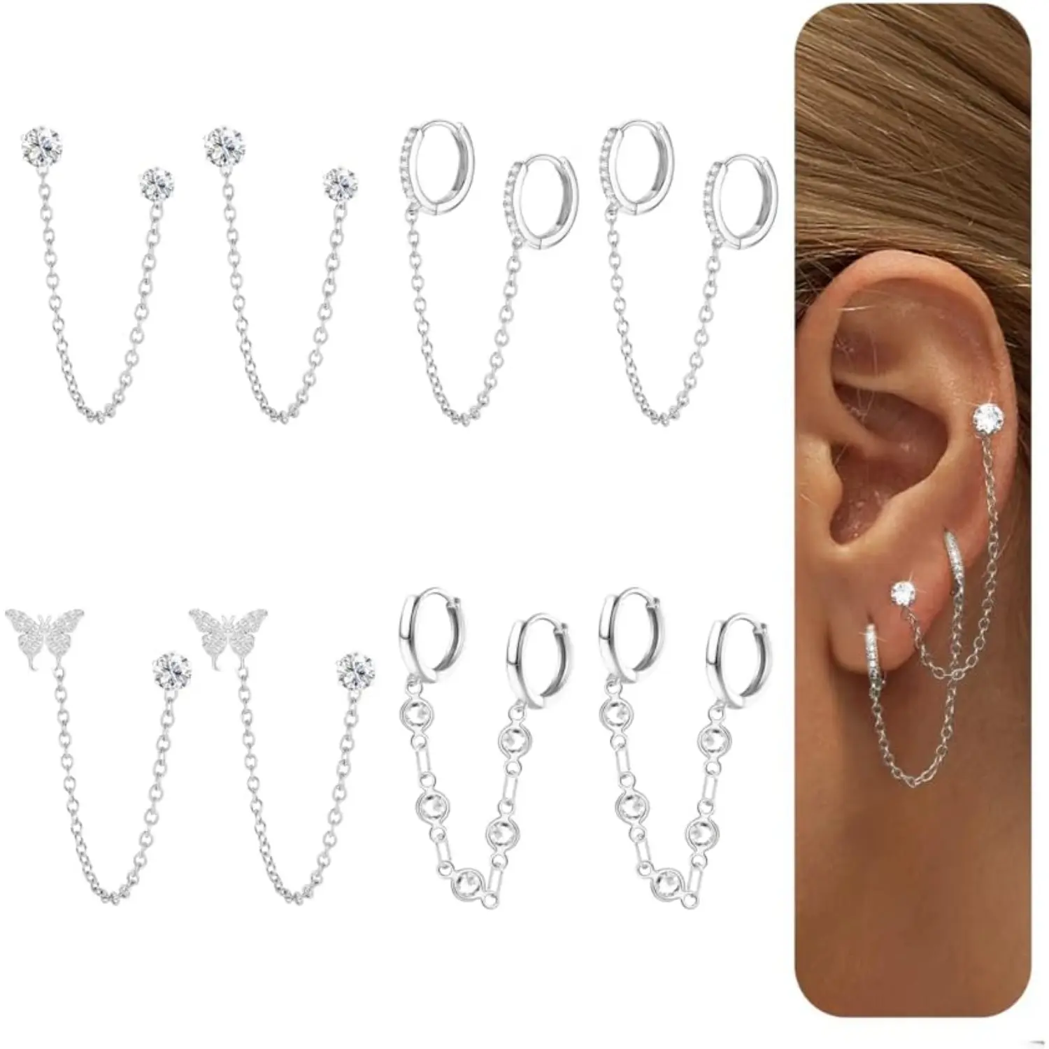4 Pairs Chain Earrings for Women Gold Hoops Earrings Double Piercing Stud Hoop Earring Set Sparkled CZ Drop Huggie Earring Dangle Chain Hoops Studs Cartilage Helix Piercing for Women